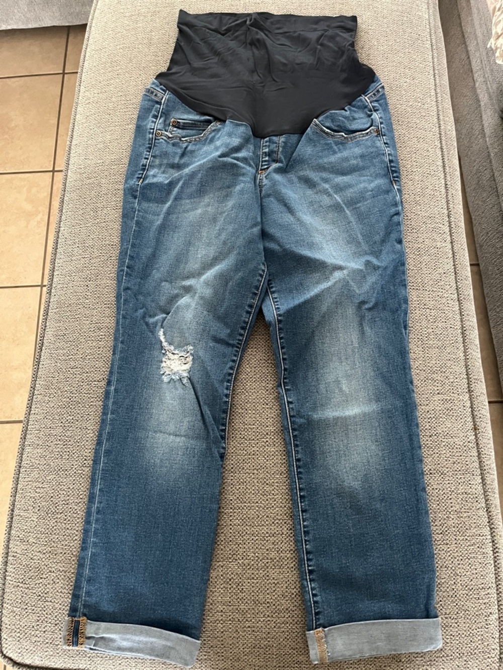 Maternity Distressed Blue Denim Jeans with Black Stretch Panel